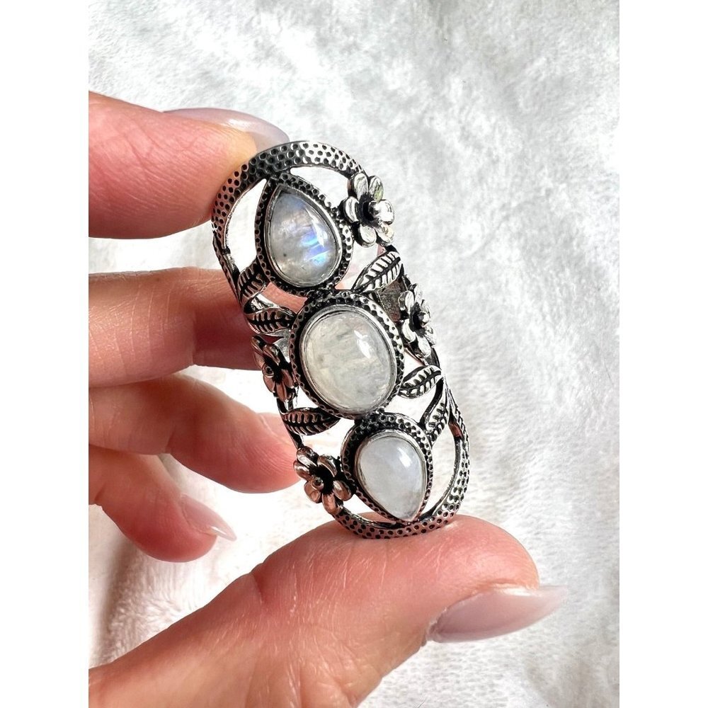 925 Flower Child Rainbow Flash Moonstone Shield Ring 6 - Picture 9 of 13